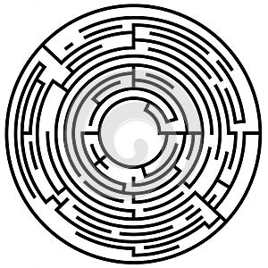 Circular maze with black lines on a white background. It features multiple concentric