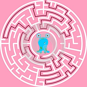 Circular maze with way from center to exit on turquoise blue background. Problem, confusion and solution concept. Flat