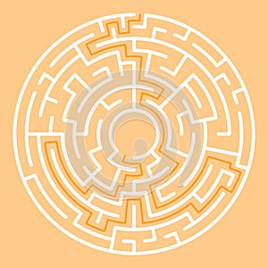 Circular maze with way from center to exit on turquoise blue background. Problem, confusion and solution concept. Flat design