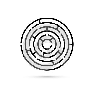 Circular maze with way to center. Business confusion and solution concept. Flat design. Vector illustration isolated on white