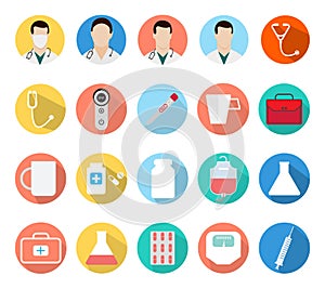 Circular medical icon set with white background. Set vector circular icons, sign and symbols in flat design medicine and health