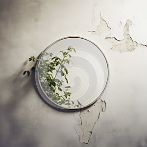 Circular mirror on a cracked concrete wall with plant leaves growing out of it.