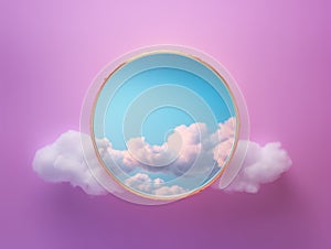 Circular mirror reflecting bright sky with scattered clouds.