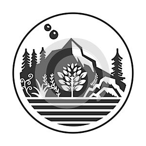 Circular Mountain Forest Trees and River Lake with Garden Badge