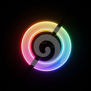 A circular, multicolored neon light creates a gradient spectrum from red to violet, set