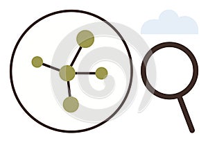 Data analysis represented with a network diagram, magnifying glass, and cloud concept
