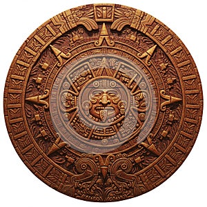 Circular object featuring intricate Aztec Sun Stone (Piedra del Sol) design, often photo