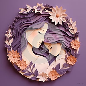 Circular paper sculpture with flowers of a lovingly embracing mother and daughter