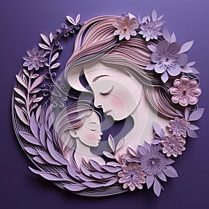 Circular paper sculpture with flowers of a lovingly embracing mother and daughter