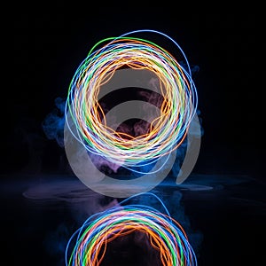 A circular pattern of colorful light trails, including blue, green, yellow, and orange, forms