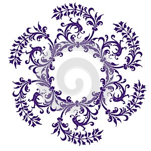 Circular pattern with flowers and curls in purple color for stylish designs and backgrounds