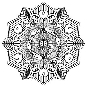 Circular pattern in form of mandala for decoration, tattoo, Henna, Mehndi. Coloring book page. Black and white.