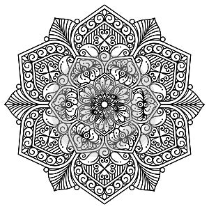 Circular pattern in form of mandala for decoration, tattoo, Henna, Mehndi. Coloring book page. Black and white.