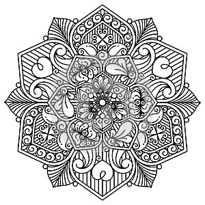 Circular pattern in form of mandala for decoration, tattoo, Henna, Mehndi. Coloring book page. Black and white.