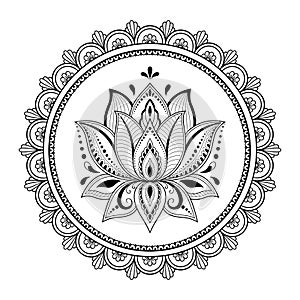 Circular pattern in form of mandala for Henna, Mehndi, tattoo, decoration. Decorative ornament in oriental style with Lotus.