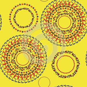 Circular pattern Hohloma seamless on yellow. vector illustration