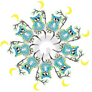 The circular pattern owl on a tree in the moonlight. Vector illustration of the hand.