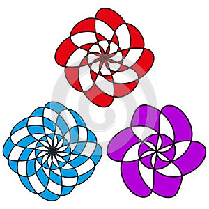 Circular pattern set. Abstract spiral shapes. Dynamic vivid elements. Vector radial design.