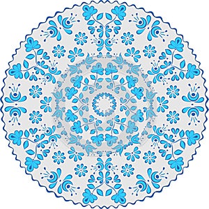 Circular pattern in the style of Gzhel, blue and gray