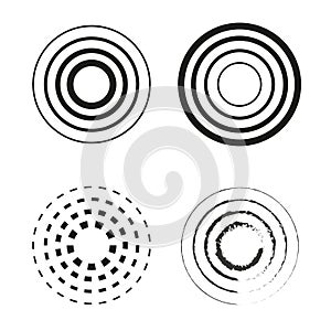 Circular patterns set. Concentric circles. Geometric vector design. Abstract styles.