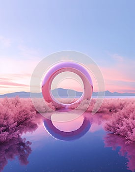 Circular pink frame reflecting in the lake surface. Surreal contrasting background.