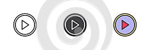Circular play button icon set in line, solid and filled outline style