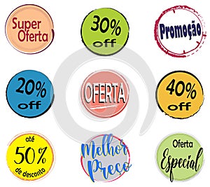 Circular promotional labels colorful. Portuguese: \