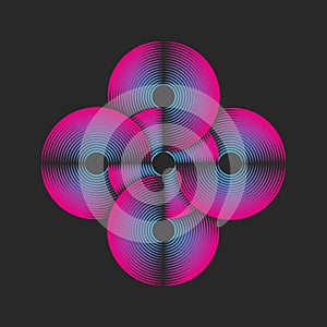 Circular psychedelic pattern logo featuring overlapping five circles, weaving thin parallel lines creating a grid abstract shape