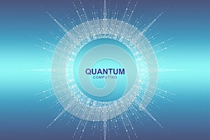 Circular quantum computer technology concept. Sphere explosion background. Deep learning artificial intelligence. Big
