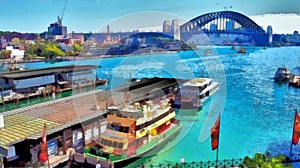 Circular Quay and Sydney Harbor Bridge, Oil Painting Style, Australia