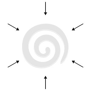 Circular, radial arrows for convergence, shrink, suction, merge concepts. Pointer design for collapse, squeeze themes