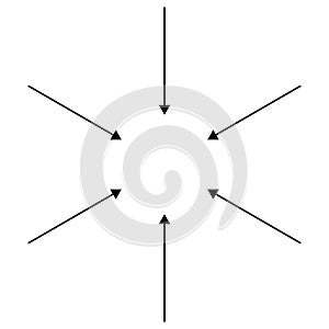 Circular, radial arrows for convergence, shrink, suction, merge concepts. Pointer design for collapse, squeeze themes