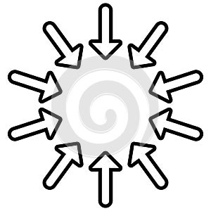 Circular, radial arrows for convergence, shrink, suction, merge concepts. Pointer design for collapse, squeeze themes