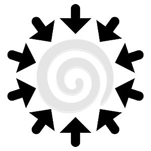 Circular, radial arrows for convergence, shrink, suction, merge concepts. Pointer design for collapse, squeeze themes