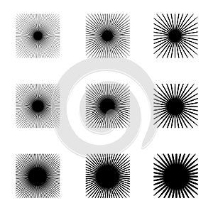 Circular radial lines pattern. Radiating stripes abstract element / shape.