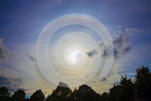 Circular rainbow around the sun. Halo.