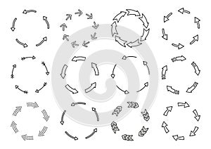 Circular recycle arrows line outline black set