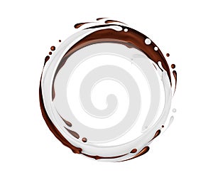 Circular rotation of chocolate and milk splashes