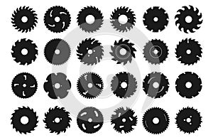 Circular saw blade icons. Silhouette of metal disc for woodwork. Round carpentry tool. Industrial rotary wheels. Construction