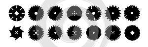 Circular saw blade. Silhouette of metal disc for woodwork. Round carpentry tool icons. Industrial rotary wheels.Vector