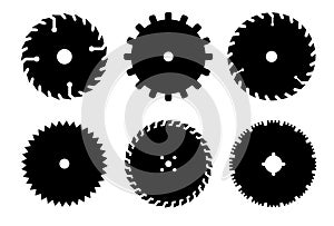 Circular saw blade. Silhouette of metal disc for woodwork. Round carpentry tool icons. Industrial rotary wheels.Vector