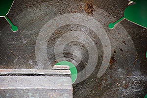 Circular saw blade in a vise