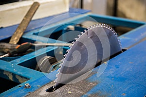 Circular saw blade of woodworking machine tool. Close-up view