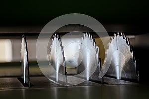 Circular saw blades of woodworking machine tool. Close-up view