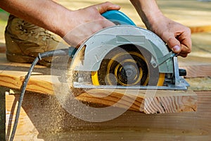 Circular saw carpenter using for wood beam