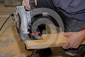 Circular saw carpenter using for wood beam