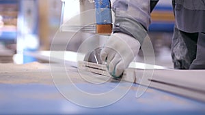 Circular Saw. Cutting Wood in Carpenter workshop.