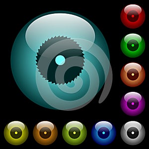 Circular saw icons in color illuminated glass buttons