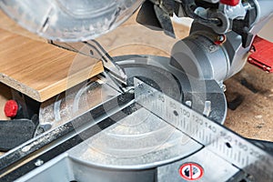 Circular saw with ruler close-up