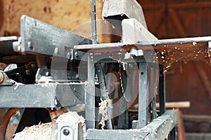 Circular saw for wood processing. Old Circular. Carpenter workshop